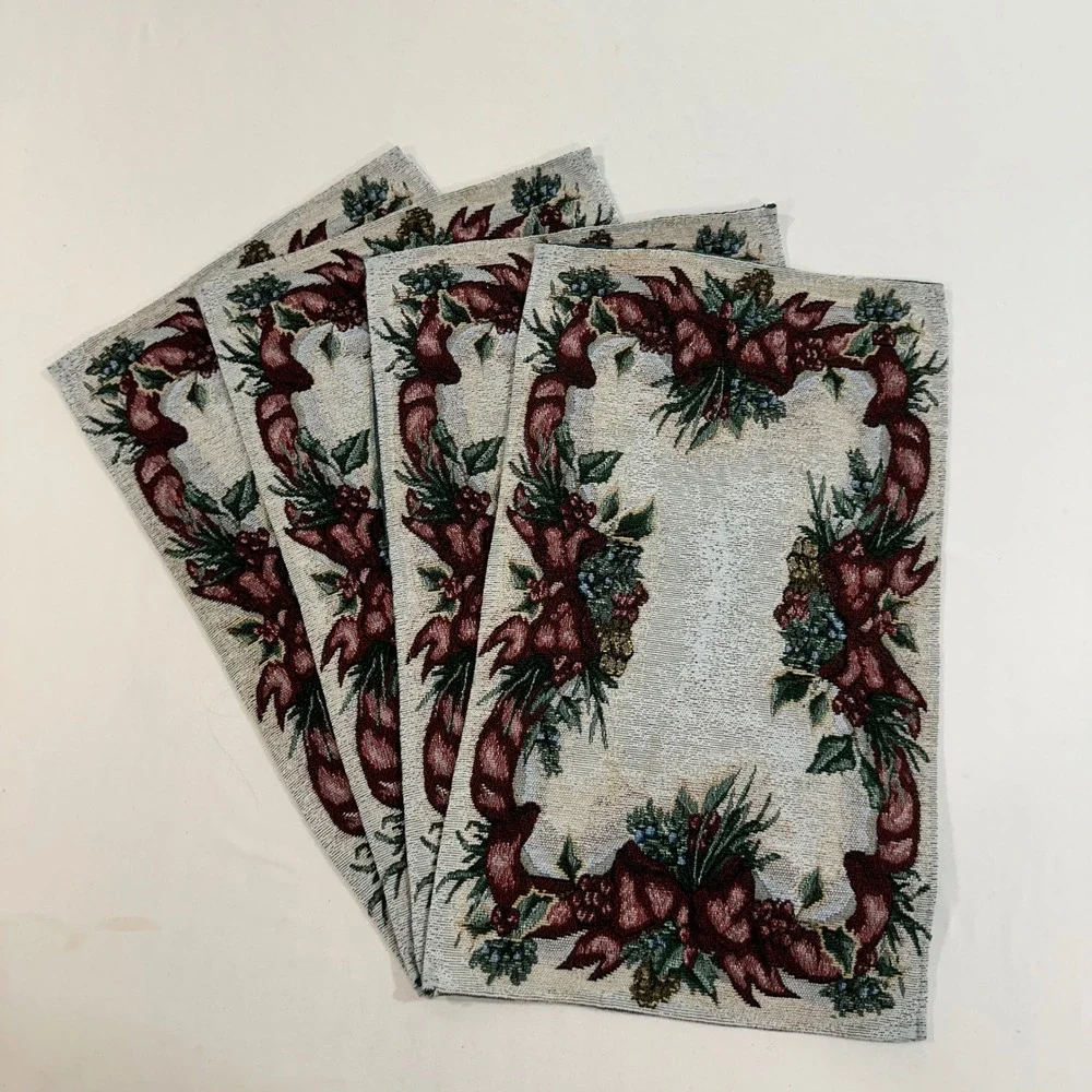 Vintage Christmas Tapestry Placemats Set of 4 Ribbon Pine Holiday 18.5x11